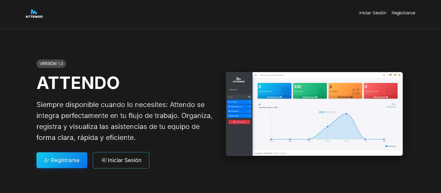 Interfaz de Attendo, sistema web de gestión de asistencias desarrollado por Juan José García